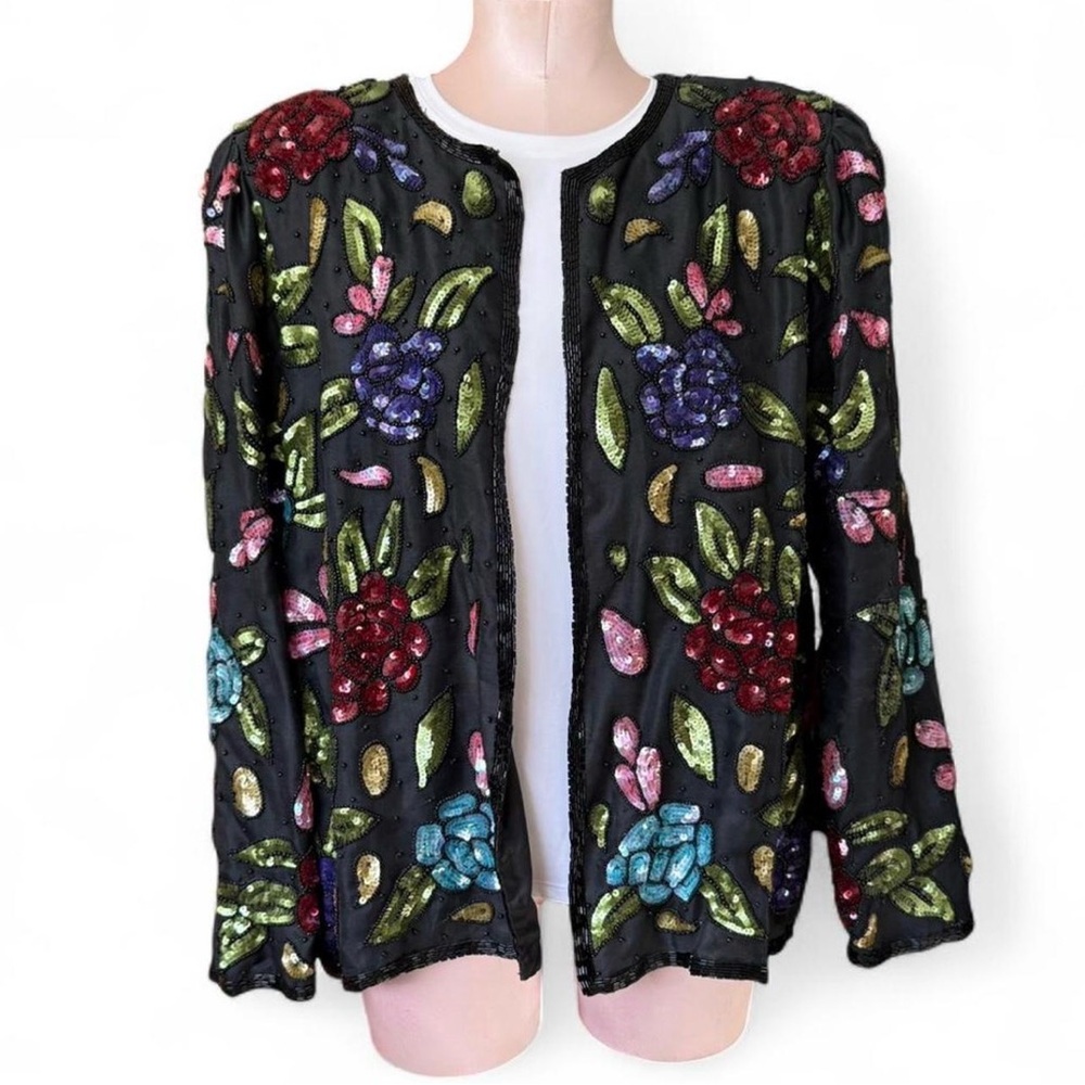 Scala Black Sequin Floral Beaded Evening Jacket